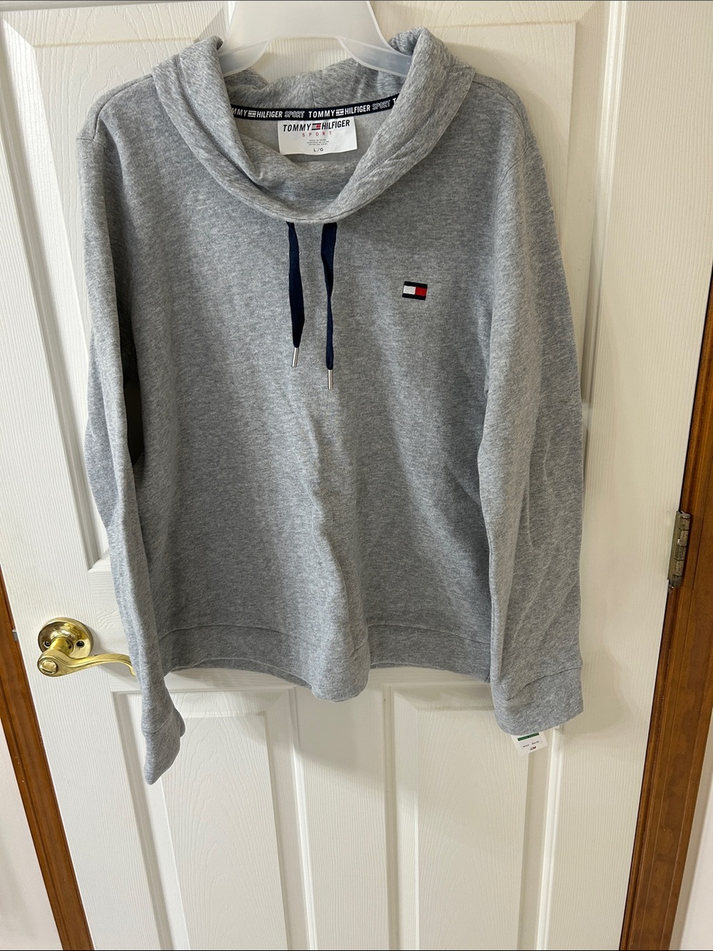 Tommy Hilfiger Light Gray Cowl Neck Sweatshirt with Navy Drawstrings